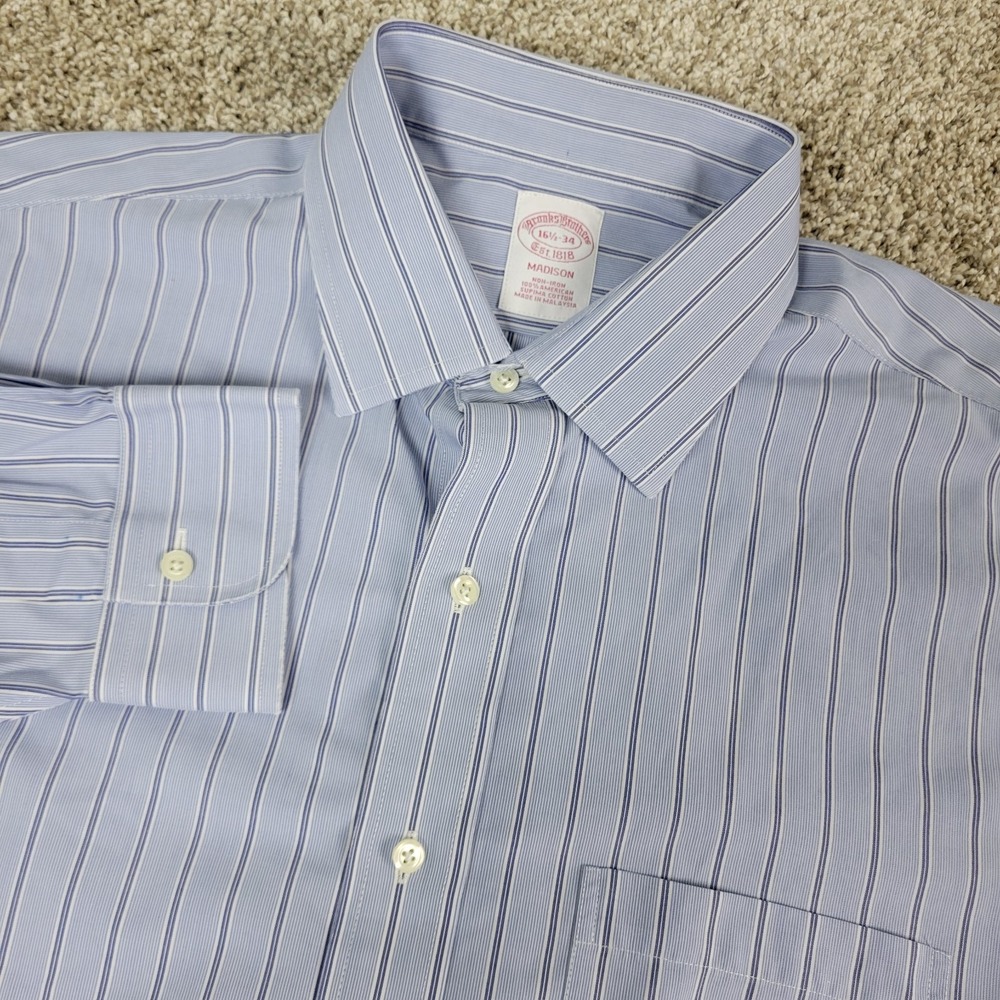 Brooks Brothers Madison Mens 16.5-34 Blue Striped Button Up Long Sleeve